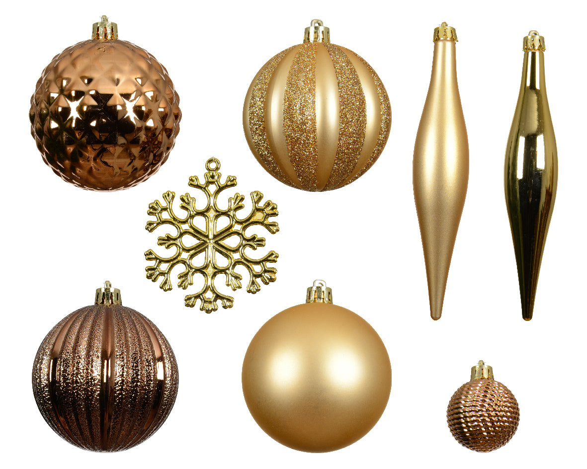 Set of 46 Gold Shatterproof Christmas Tree Baubles with Hangers