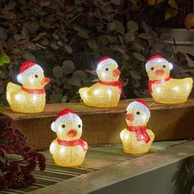 Set of 5 Inlit Acrylic Yellow Ducks with Santa Hats