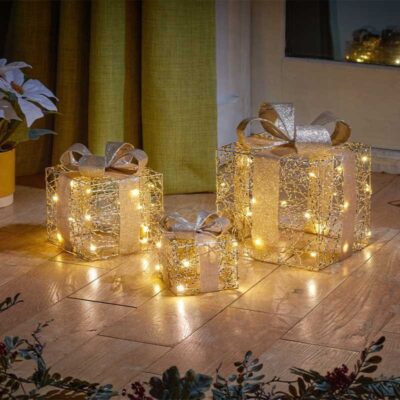 Set of Three Gold Weave Pre Lit Presents