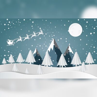 White Silhouette of Santa Riding Reindeer Over Mountains Printed Outdoor PVC Banner 2.4m x 4m
